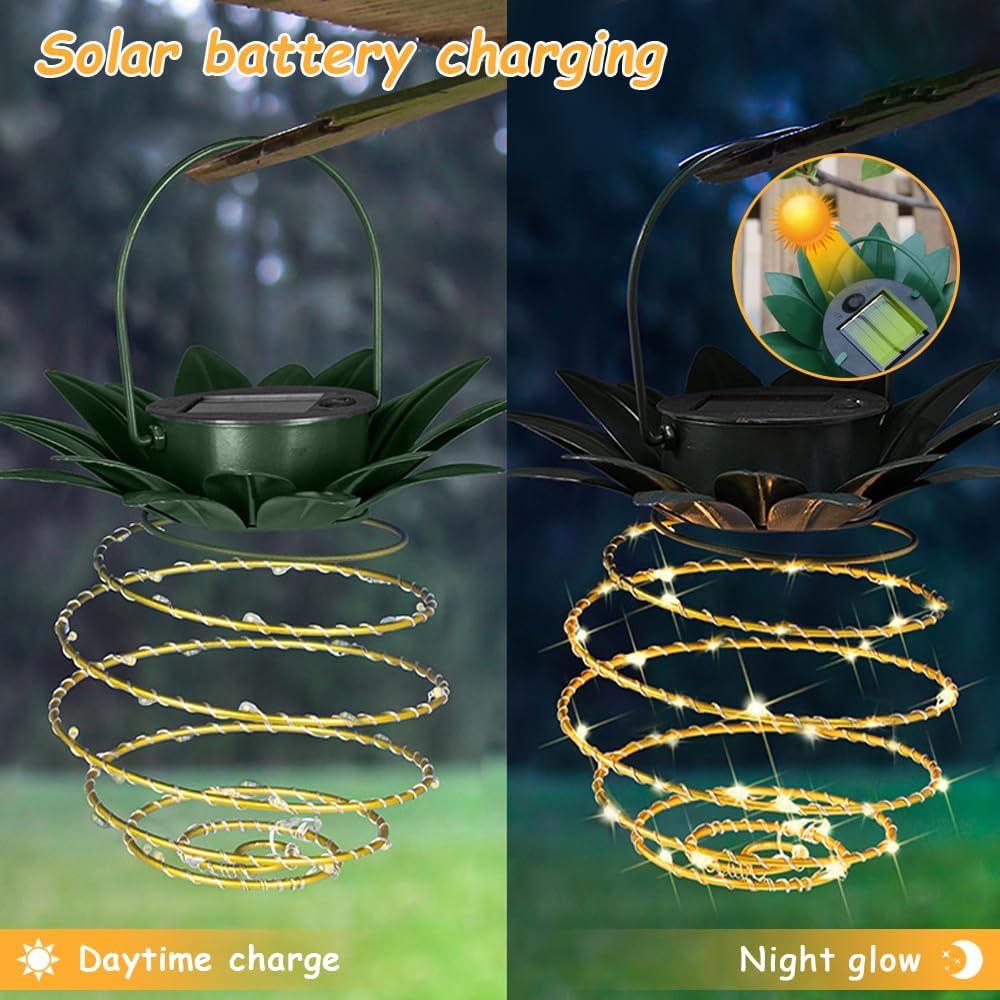JHPGEOE 2 Pack Outdoor Solar Hanging Lantern Lights – 60LED Waterproof Pineapple Lanterns for Garden & Patio