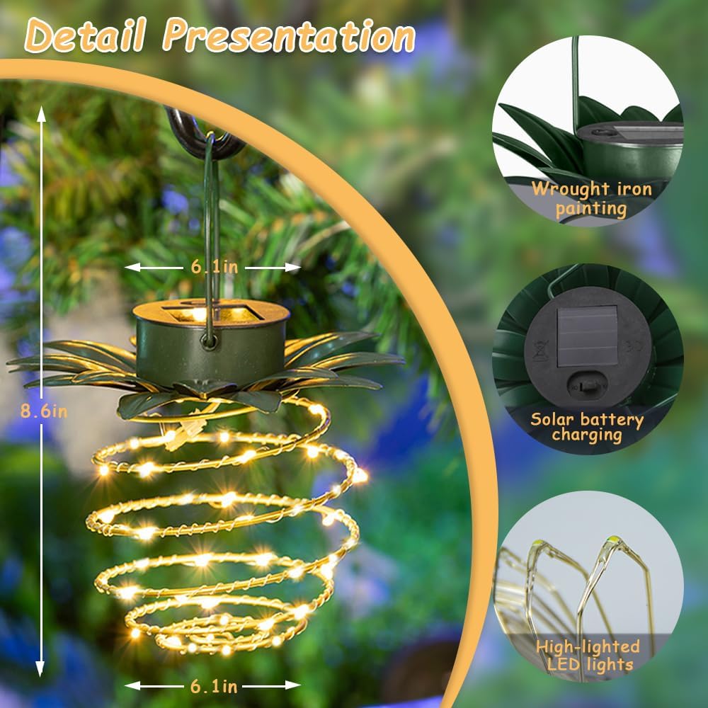 JHPGEOE 2 Pack Outdoor Solar Hanging Lantern Lights – 60LED Waterproof Pineapple Lanterns for Garden & Patio