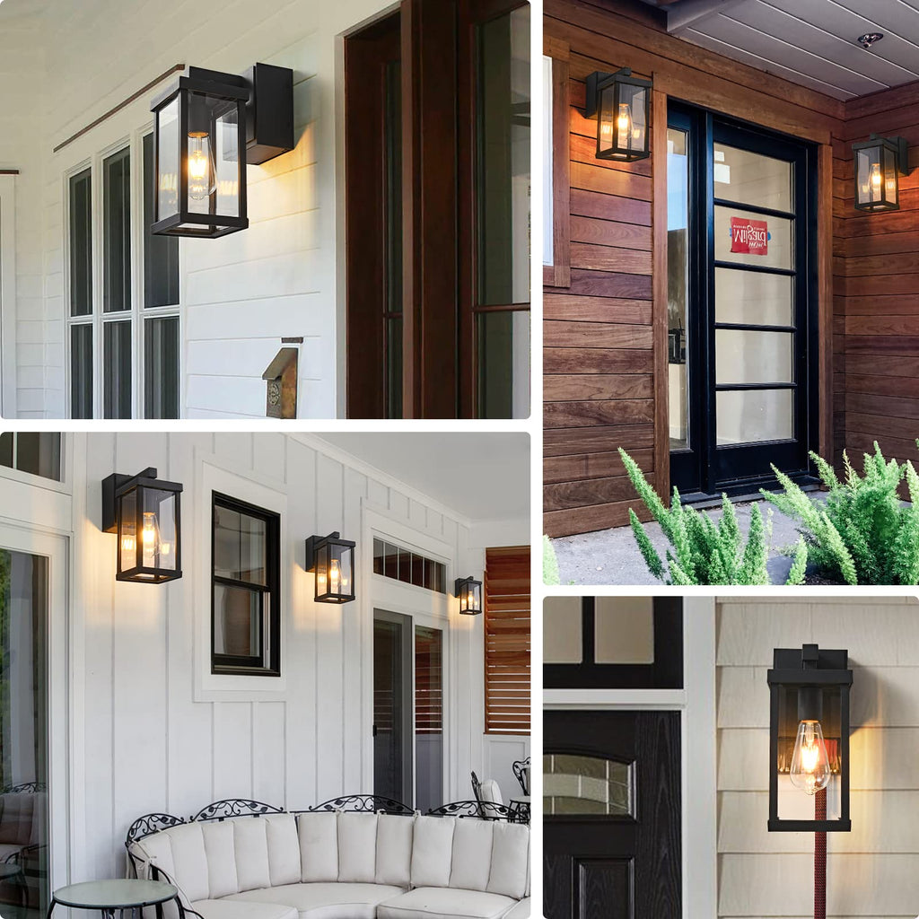 JOKAONOTL Porch Lights with GFCI Outlets — Dusk-to-Dawn, 2-Pack, Black