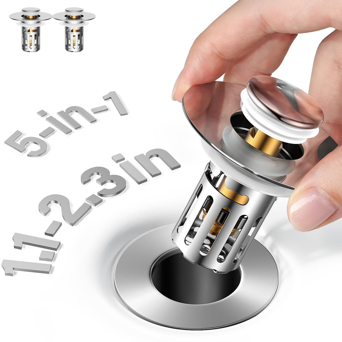 JOMSTHOME 5-in-1 Bathroom Sink Stopper – All-Metal Brass Core, Fits 1.1–2.36 in Drains