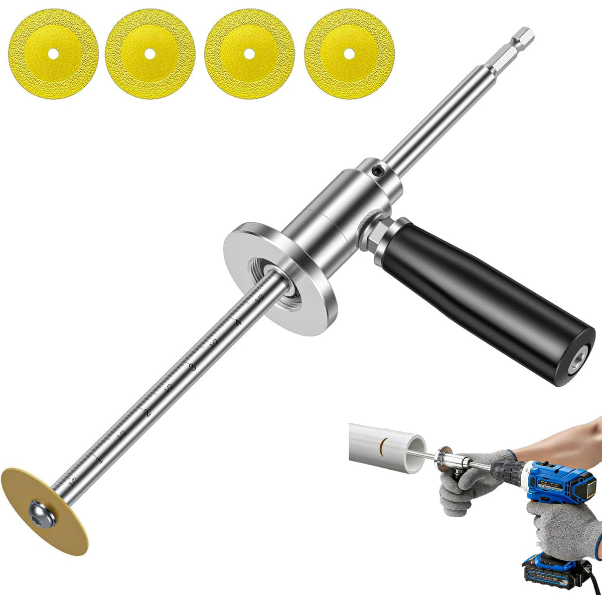 JUSTHERE Inside PVC Pipe Cutter – 7-Inch Depth, 4 Diamond Grit Wheels, 1/4-Inch Hex Shank