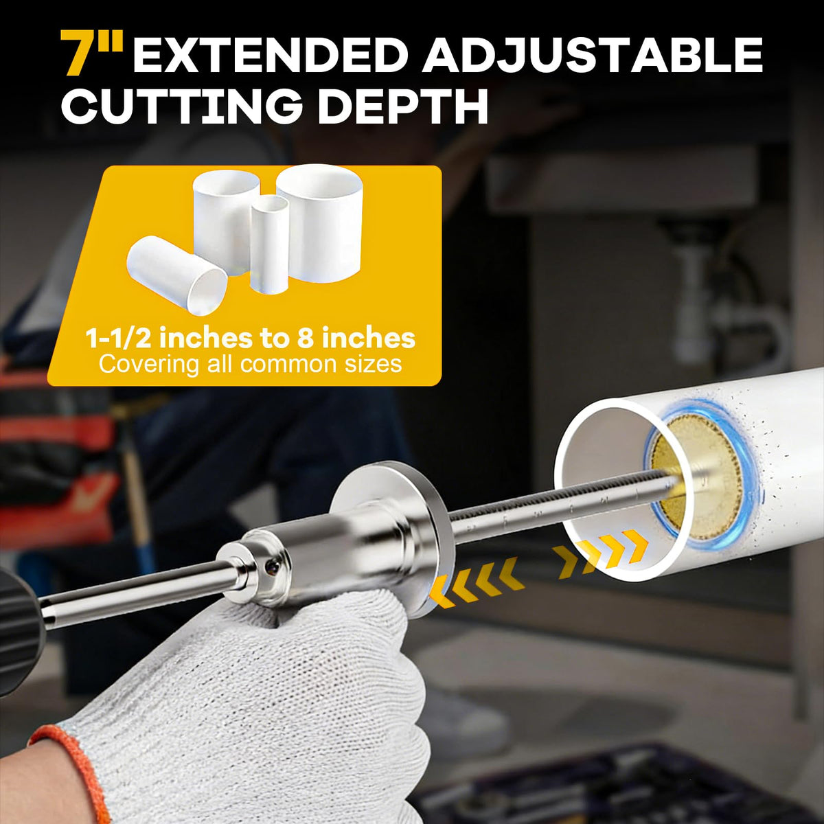 JUSTHERE Inside PVC Pipe Cutter – 7-Inch Depth, 4 Diamond Grit Wheels, 1/4-Inch Hex Shank