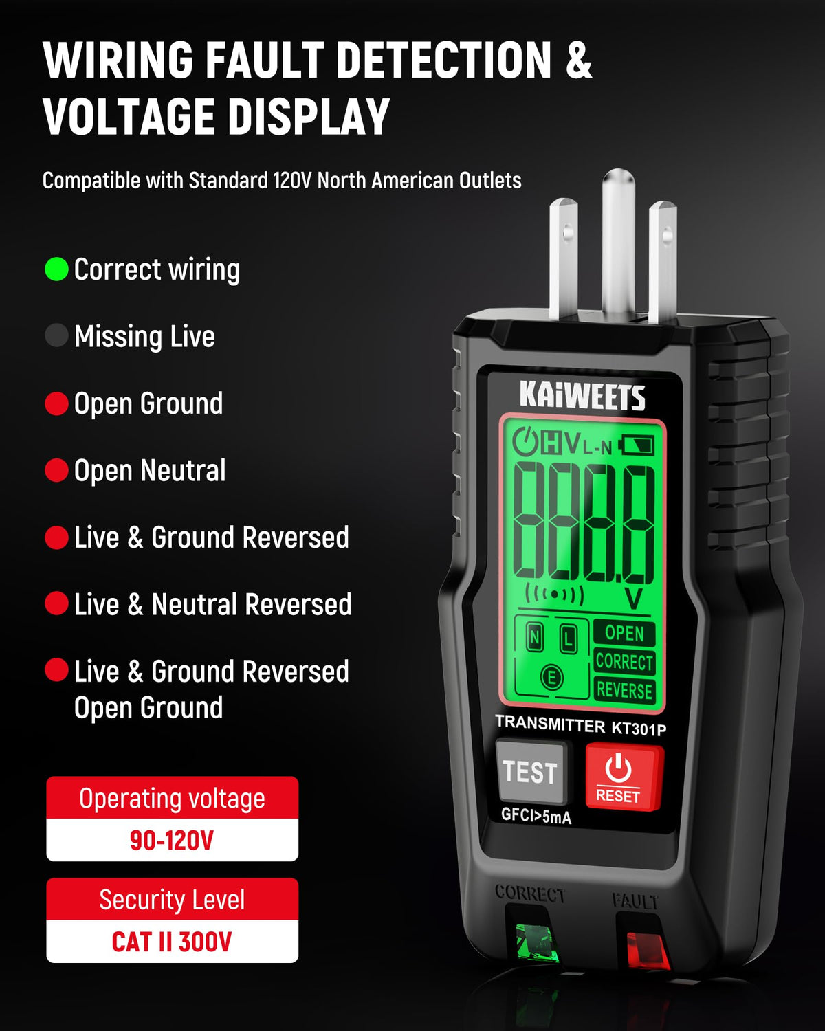 KAIWEETS KT301P Circuit Breaker Finder with LCD Display | GFCI Tester & NCV