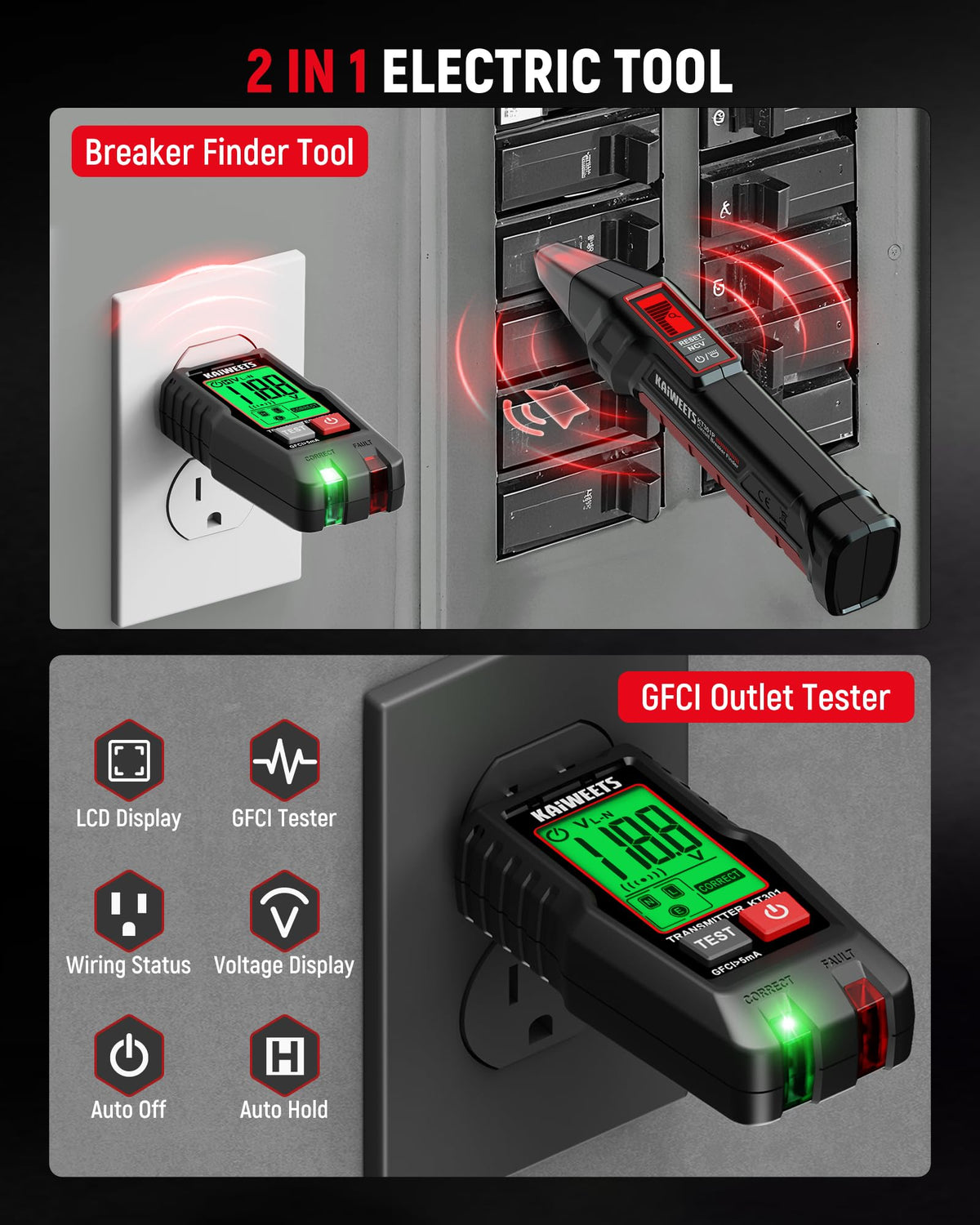 KAIWEETS KT301P Circuit Breaker Finder with LCD Display | GFCI Tester & NCV