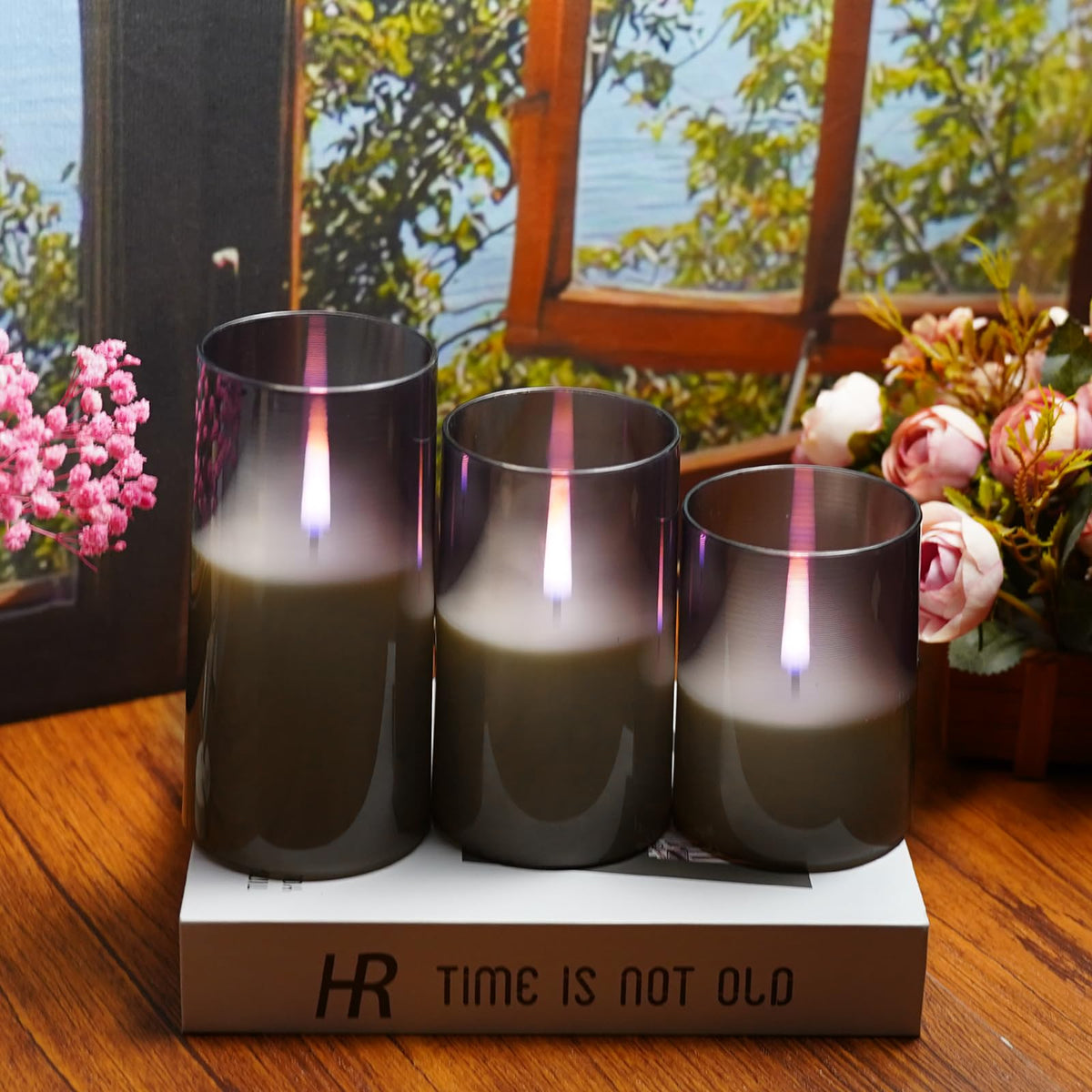 Kakoya Flameless Candles – Realistic Flicker, Remote Timers, 3-Piece Pillar Set (3x4, 3x5, 3x6) Grey