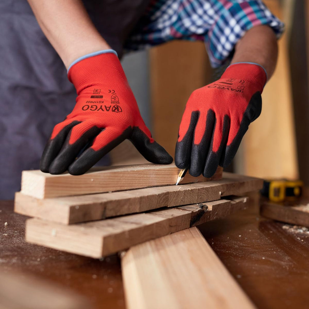 KAYGO KG11P Work Gloves – Seamless Knit PU-Coated Palm, 12-Pair Pack (L, Red)