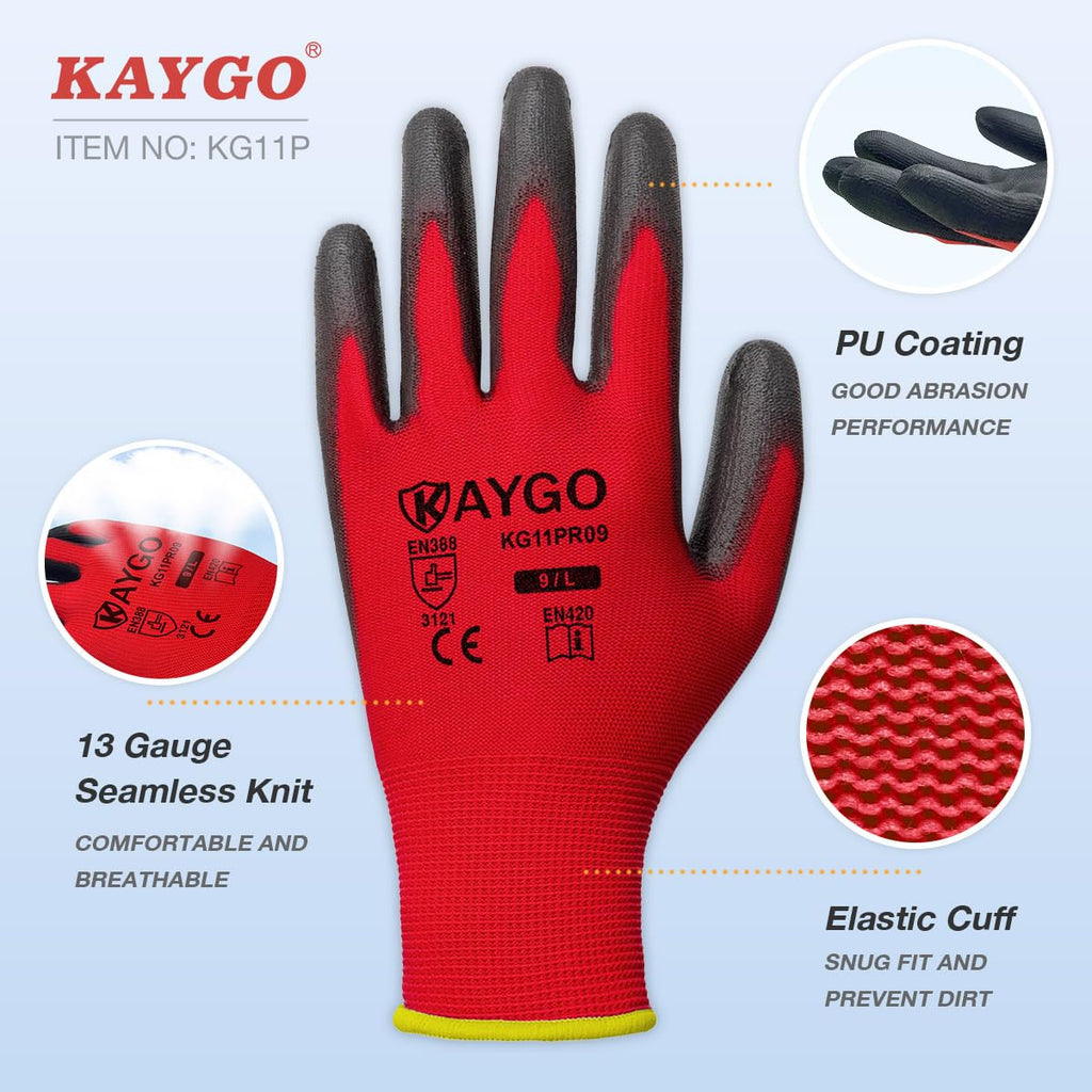 KAYGO KG11P Work Gloves – Seamless Knit PU-Coated Palm, 12-Pair Pack (L, Red)