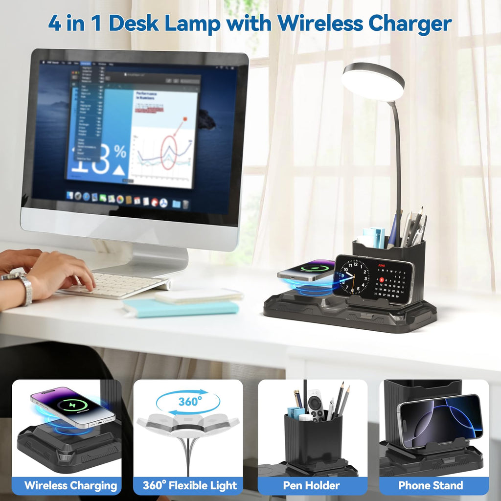 KDD 4-in-1 Desk Lamp with Wireless Charger | 360° Gooseneck, White & Warm Light, Pen Holder