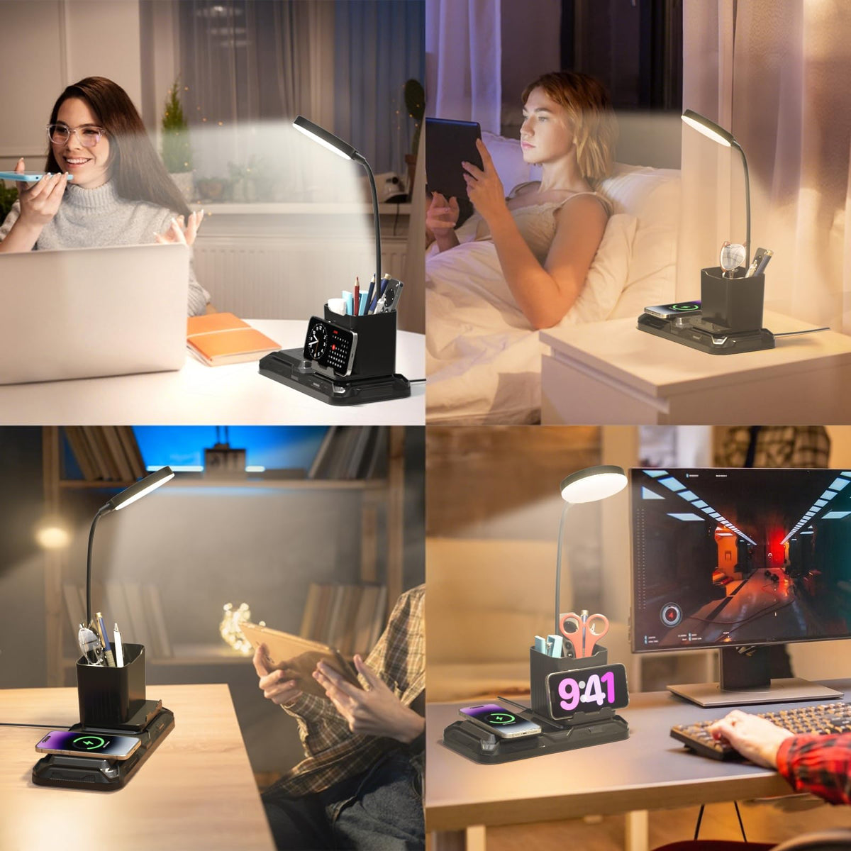KDD 4-in-1 Desk Lamp with Wireless Charger | 360° Gooseneck, White & Warm Light, Pen Holder