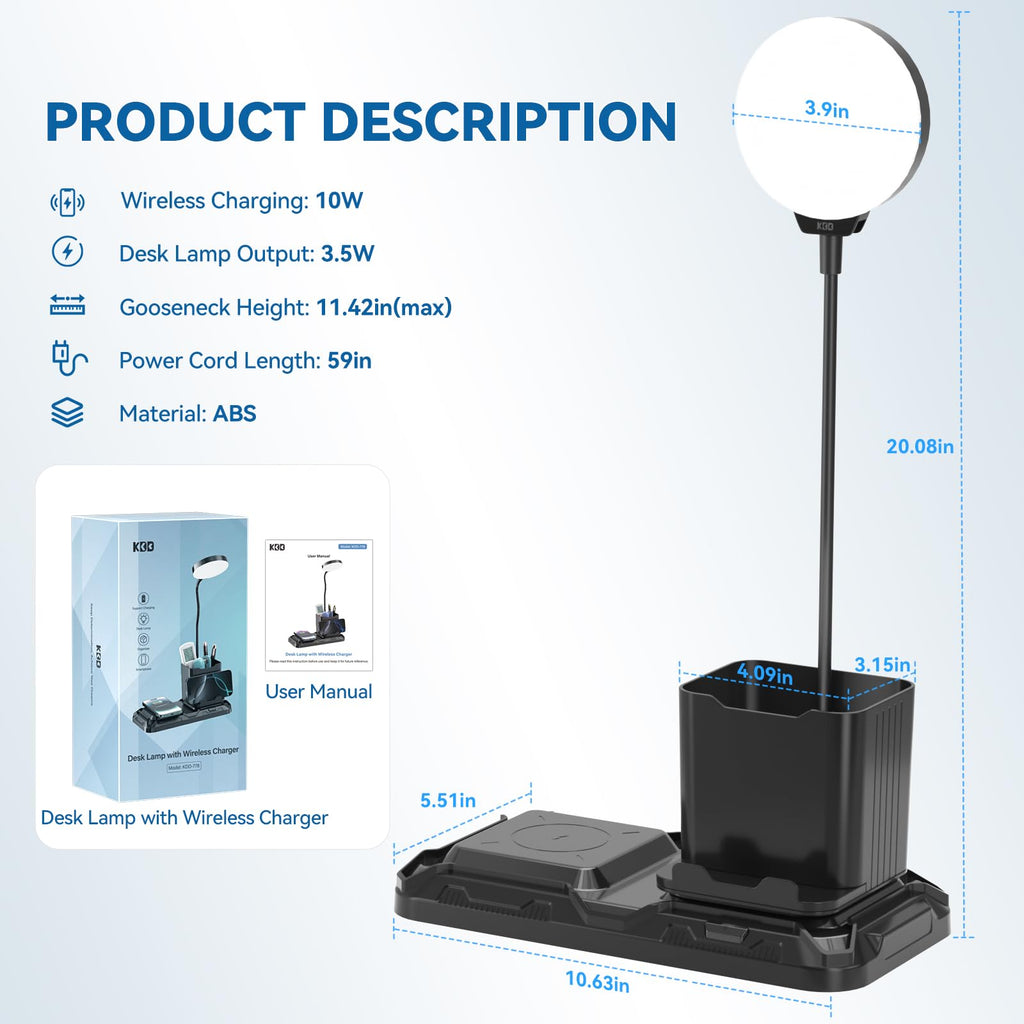 KDD 4-in-1 Desk Lamp with Wireless Charger | 360° Gooseneck, White & Warm Light, Pen Holder
