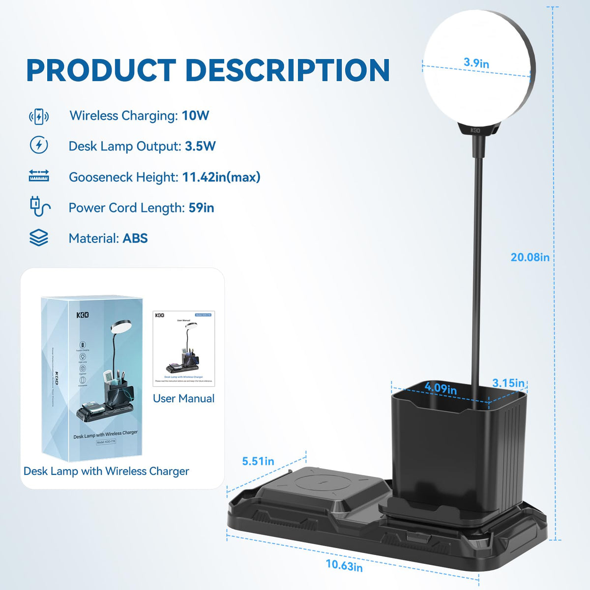KDD 4-in-1 Desk Lamp with Wireless Charger | 360° Gooseneck, White & Warm Light, Pen Holder