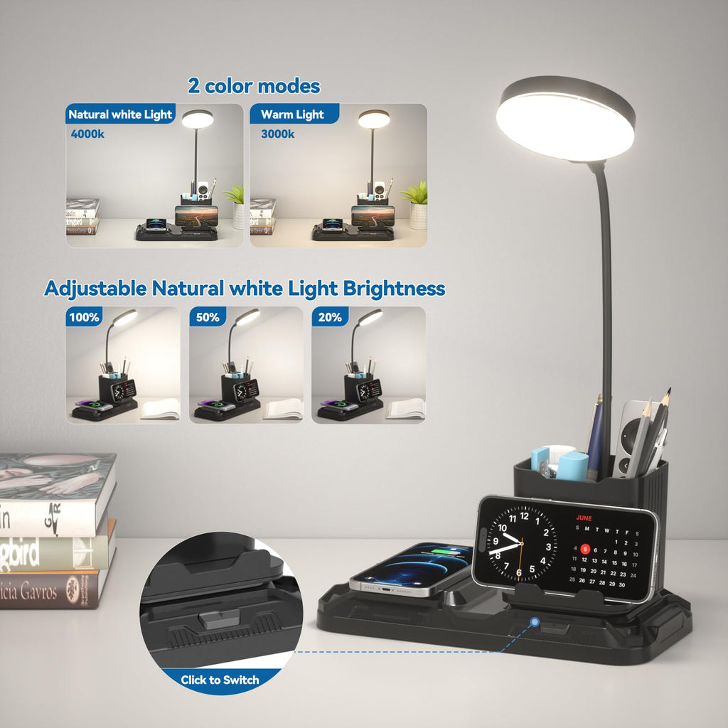 KDD 4-in-1 Desk Lamp with Wireless Charger | 360° Gooseneck, White & Warm Light, Pen Holder
