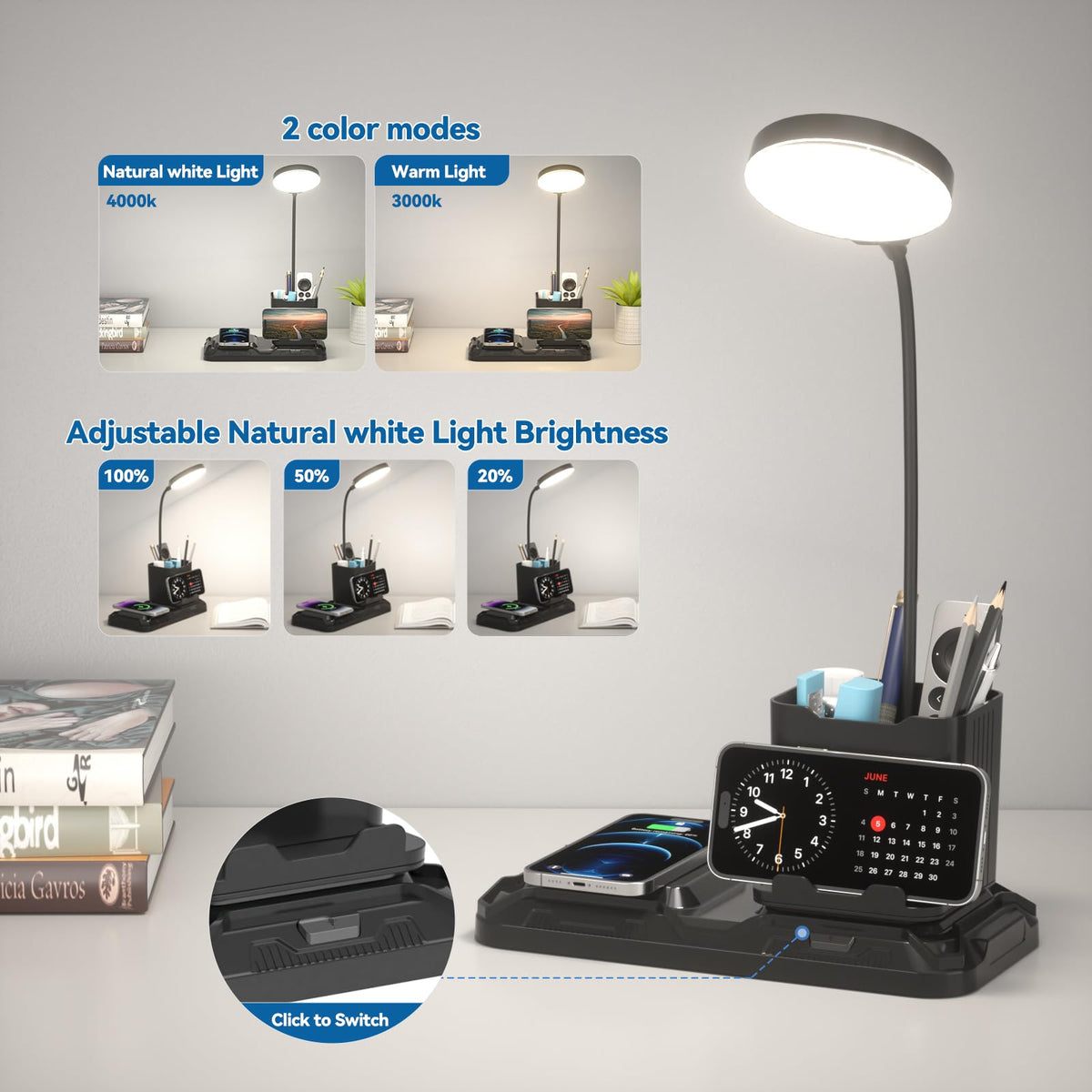 KDD 4-in-1 Desk Lamp with Wireless Charger | 360° Gooseneck, White & Warm Light, Pen Holder