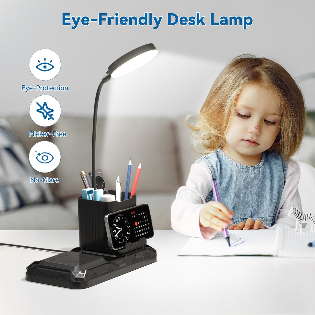 KDD 4-in-1 Desk Lamp with Wireless Charger | 360° Gooseneck, White & Warm Light, Pen Holder