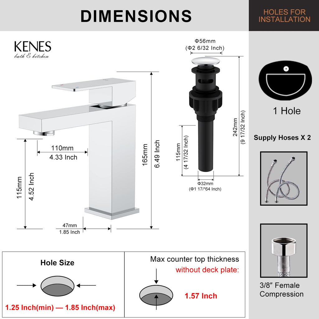 KENES LJ-9031-5 Chrome Single-Handle Bathroom Faucet with Pop Up Drain