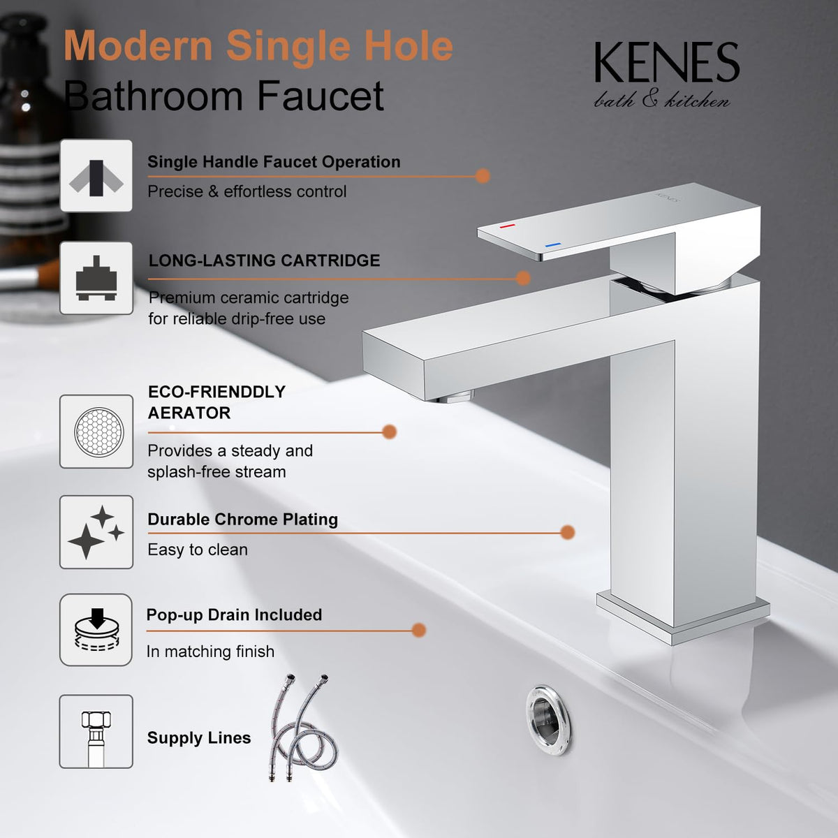 KENES LJ-9031-5 Chrome Single-Handle Bathroom Faucet with Pop Up Drain