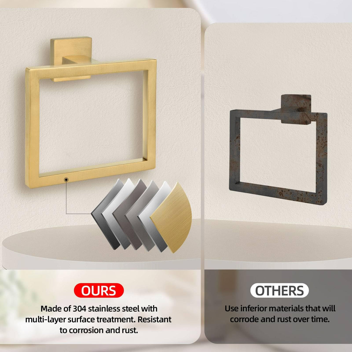 Kiakuoow 2-Piece Brushed Gold Towel Ring Set – Square Wall-Mounted, Stainless Steel