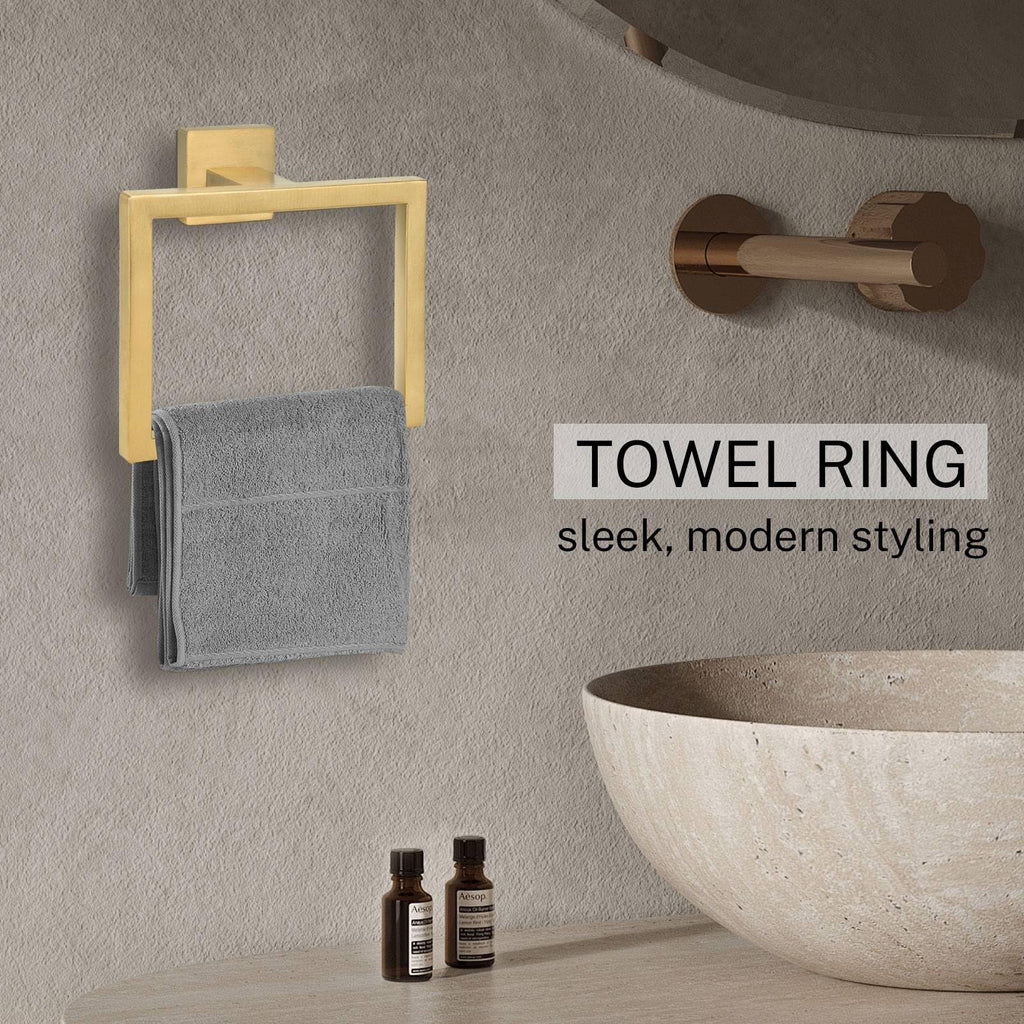 Kiakuoow 2-Piece Brushed Gold Towel Ring Set – Square Wall-Mounted, Stainless Steel