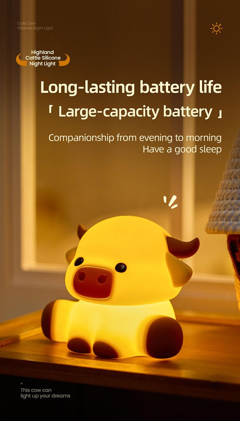 KidoYean Highland Cow Night Light – 3-Level Dimmable Silicone Nursery Lamp with 30-Min Timer