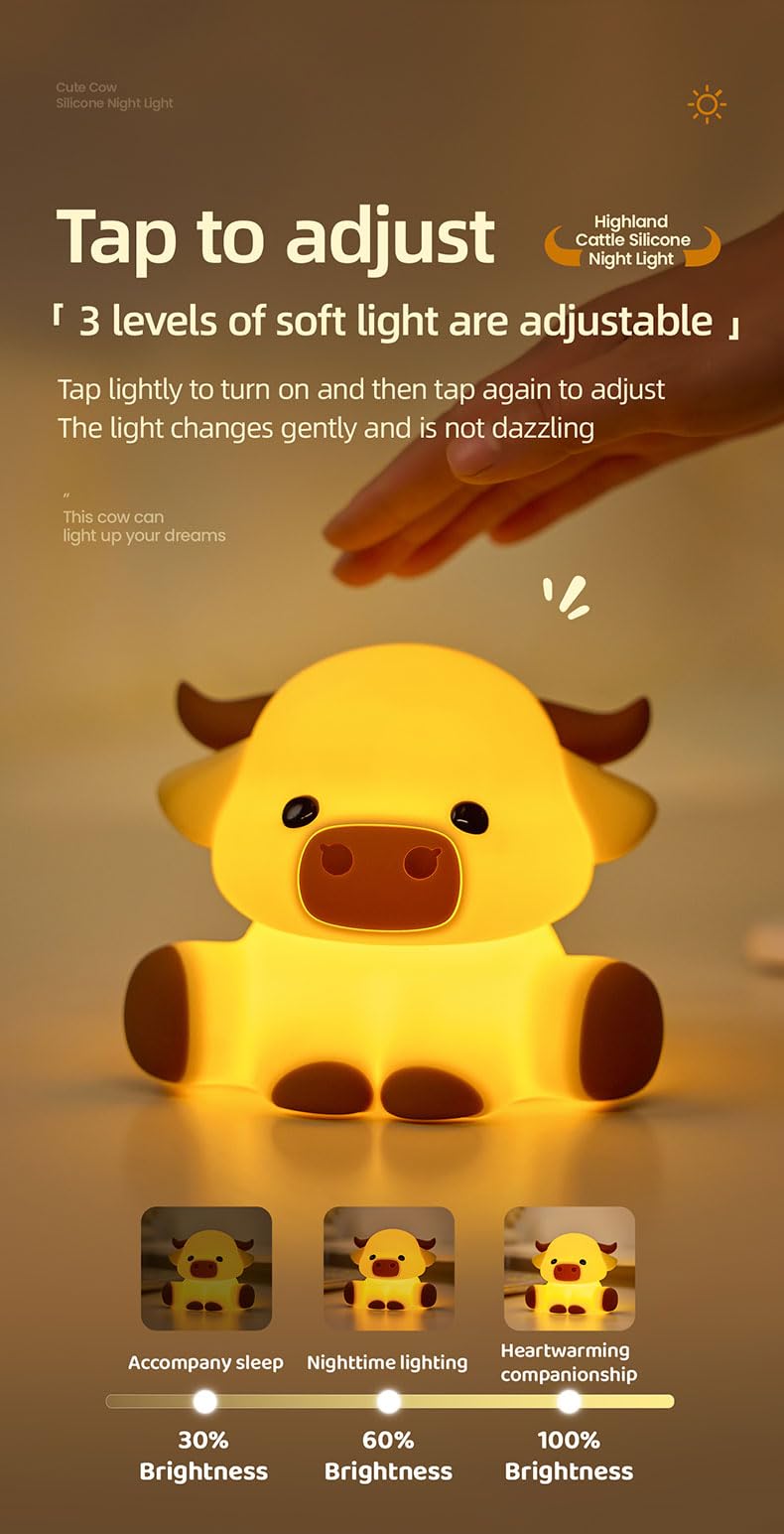 KidoYean Highland Cow Night Light – 3-Level Dimmable Silicone Nursery Lamp with 30-Min Timer