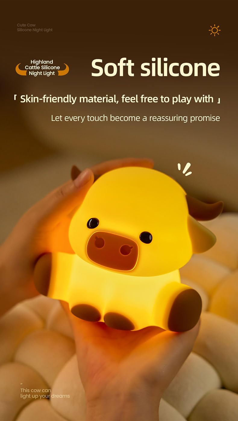 KidoYean Highland Cow Night Light – 3-Level Dimmable Silicone Nursery Lamp with 30-Min Timer