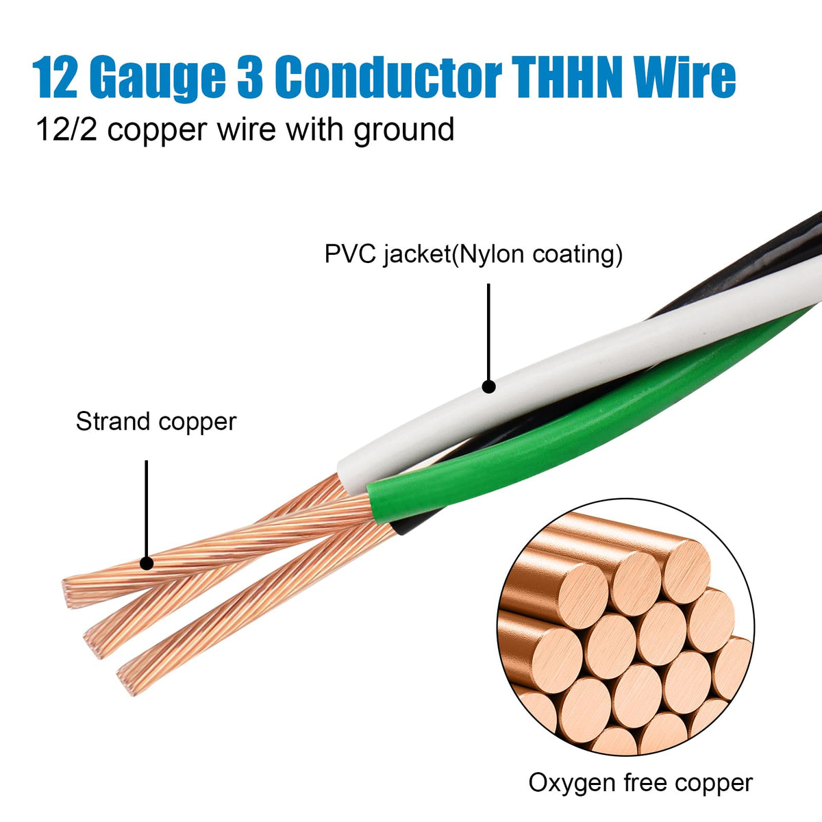 Kimbluth THHN Wire 12 GA 50 ft – 3-Conductor Copper Cable with Ground, Nylon Jacket, 600V
