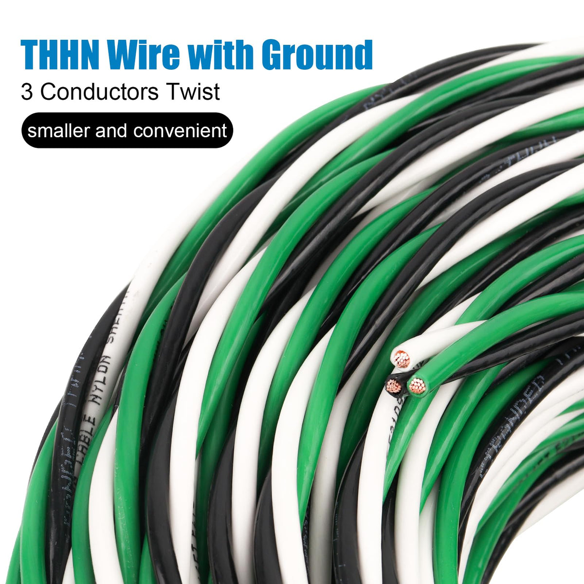 Kimbluth THHN Wire 12 GA 50 ft – 3-Conductor Copper Cable with Ground, Nylon Jacket, 600V