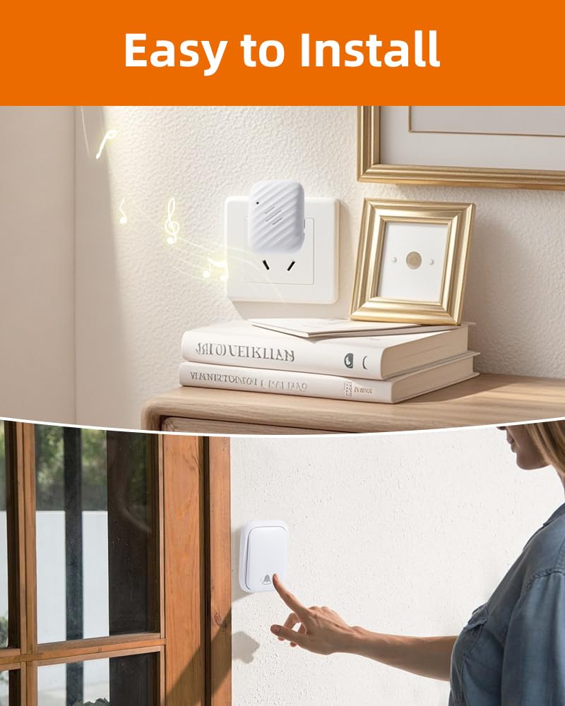 KIMROG Battery-Free Wireless Doorbell | 600 ft Range, 38 Chimes, IP68 Waterproof