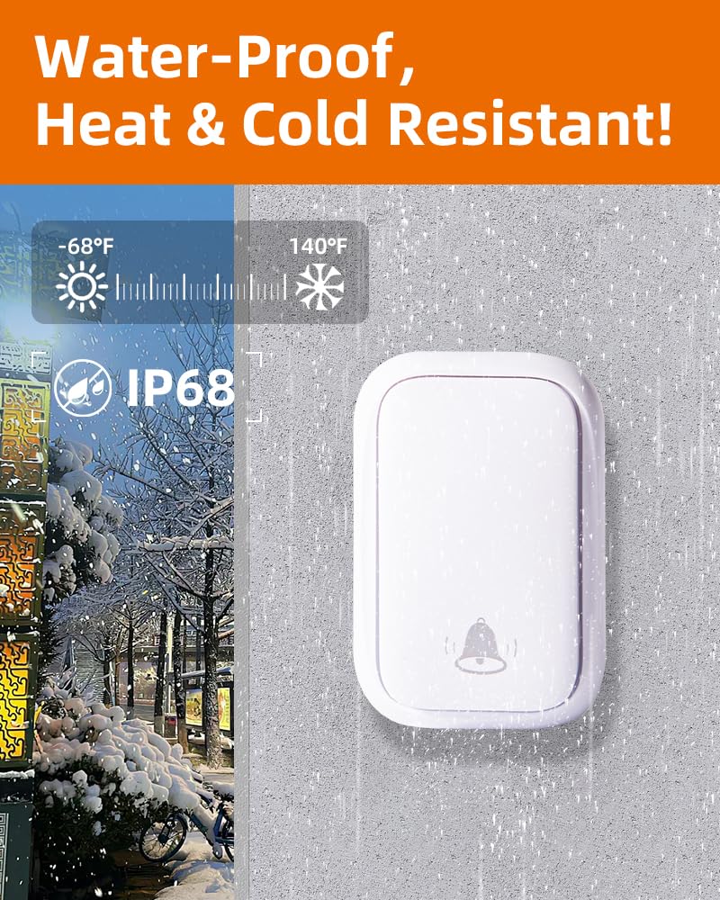 KIMROG Battery-Free Wireless Doorbell | 600 ft Range, 38 Chimes, IP68 Waterproof