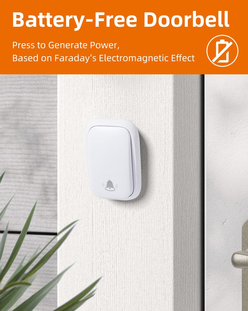 KIMROG Battery-Free Wireless Doorbell | 600 ft Range, 38 Chimes, IP68 Waterproof