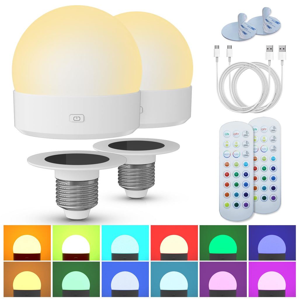 KINDEEP Rechargeable Night Light Bulb (2-Pack) – 3000mAh LED Puck with Remote, 400LM, 3 Color Temp + 12 RGB Colors, E26 & Magnetic Mount