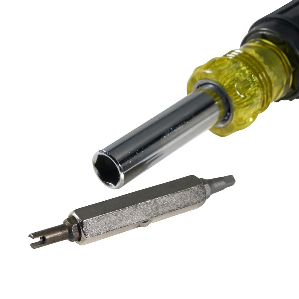 Klein Tools 32527 11-in-1 Multi-Bit Screwdriver/Nut Driver | Schrader, Phillips, Slotted, Square Bits