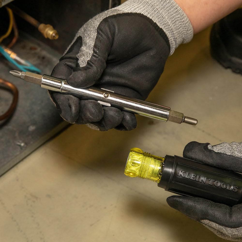 Klein Tools 32527 11-in-1 Multi-Bit Screwdriver/Nut Driver | Schrader, Phillips, Slotted, Square Bits