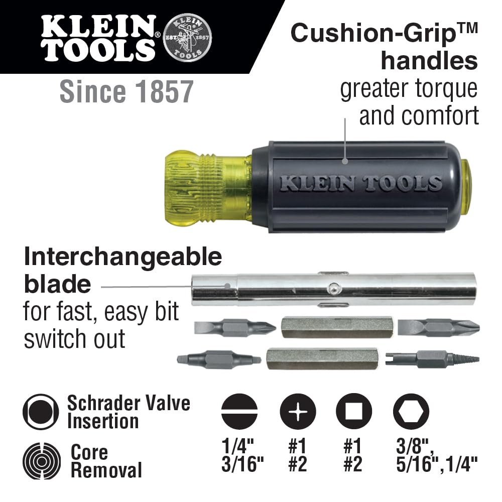Klein Tools 32527 11-in-1 Multi-Bit Screwdriver/Nut Driver | Schrader, Phillips, Slotted, Square Bits