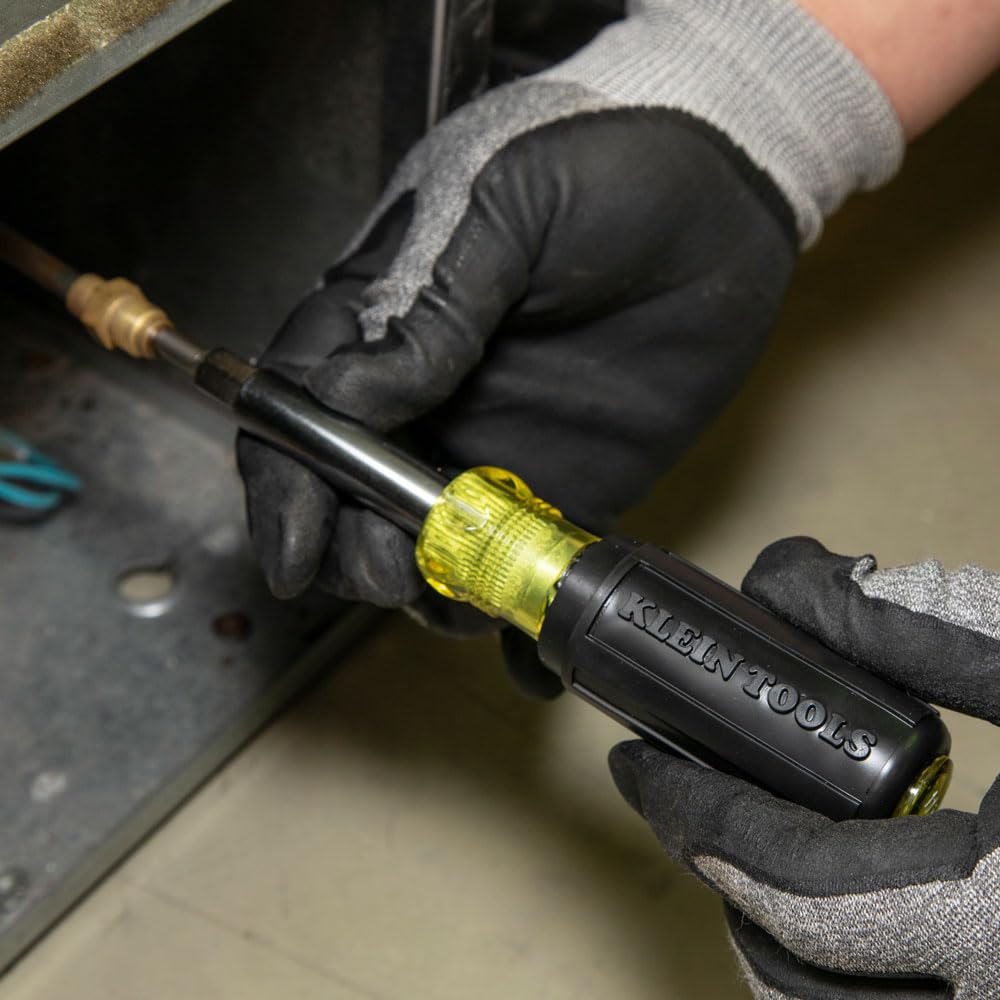 Klein Tools 32527 11-in-1 Multi-Bit Screwdriver/Nut Driver | Schrader, Phillips, Slotted, Square Bits