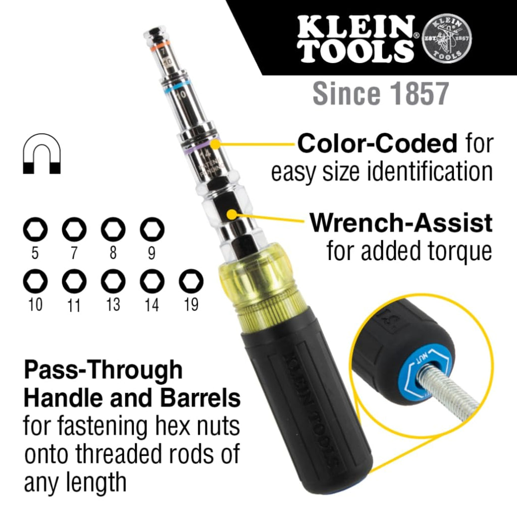 Klein Tools 32809MAGM 11-in-1 Magnetic Pass-Through Nut Driver | Metric Hex 5–19mm