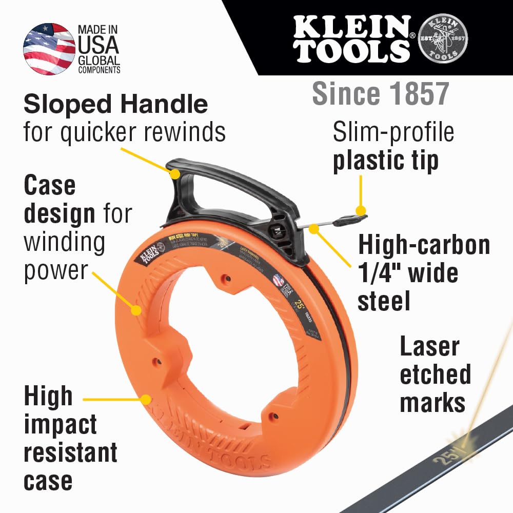 Klein Tools 56335 Flat Steel Electrical Fish Tape – 25 ft x 1/4 in, Laser-Etched 1-Foot Marks, USA-Made
