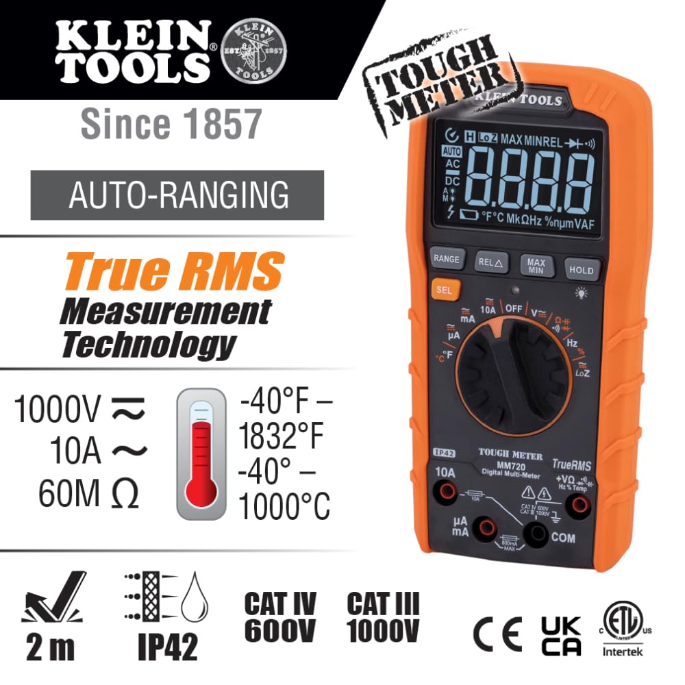 Klein Tools MM720 Digital Multimeter – Auto-Ranging TRMS, LoZ, 1000V/10A