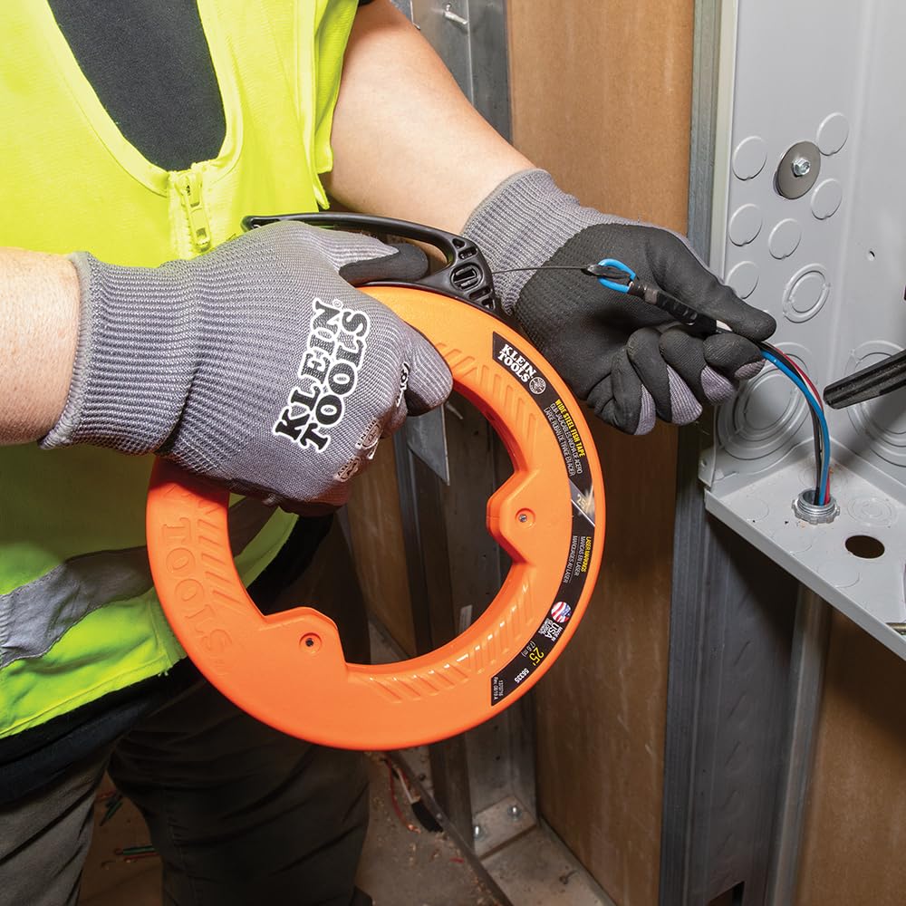 Klein Tools 56335 Flat Steel Electrical Fish Tape – 25 ft x 1/4 in, Laser-Etched 1-Foot Marks, USA-Made