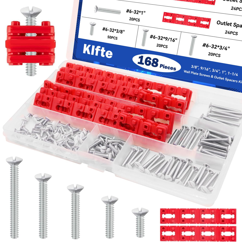 Klfte 168pcs White Wall Plate Screws & Outlet Spacers Kit — 3/8 inch to 1.2 inch
