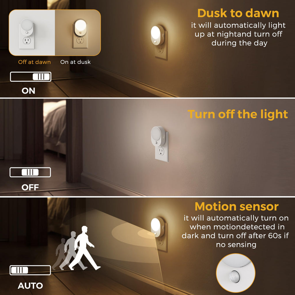 L LOHAS LED Motion Sensor Night Light – 2-Pack, Dusk-to-Dawn & Motion Sensing, 3000K Soft White, 30/60/100lm Dimmable