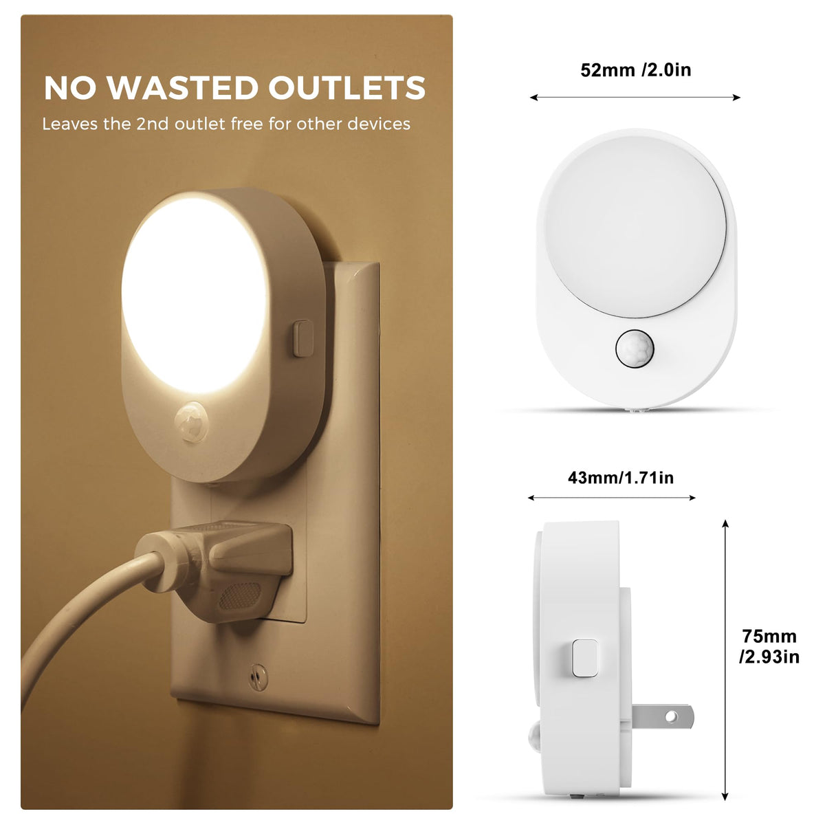 L LOHAS LED Motion Sensor Night Light – 2-Pack, Dusk-to-Dawn & Motion Sensing, 3000K Soft White, 30/60/100lm Dimmable