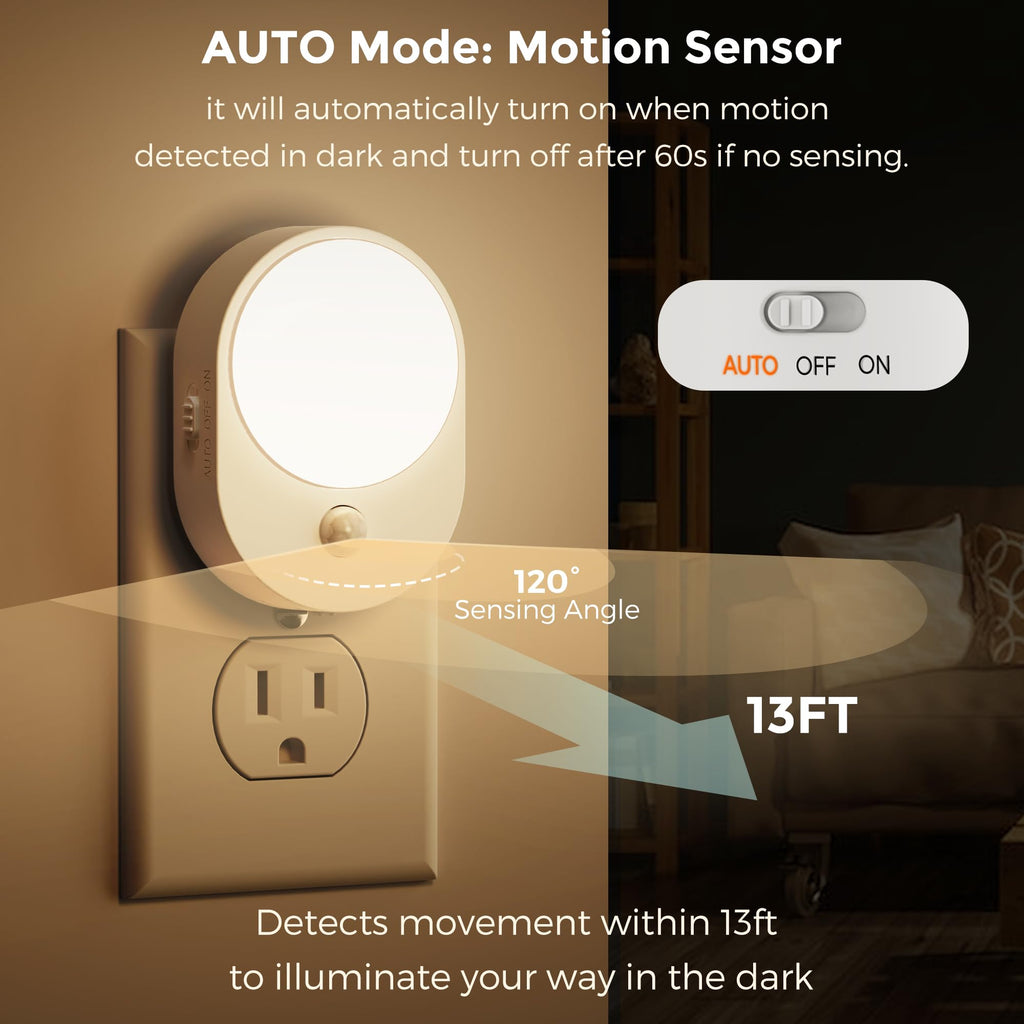 L LOHAS LED Motion Sensor Night Light – 2-Pack, Dusk-to-Dawn & Motion Sensing, 3000K Soft White, 30/60/100lm Dimmable