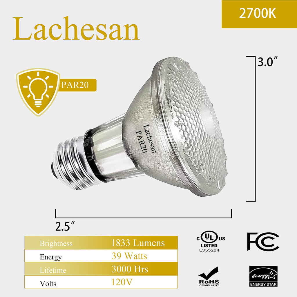 Lachesan PAR20 Flood Light Bulbs – 39W, 6-Pack, Dimmable, 2700K, 480 Lumens, E26