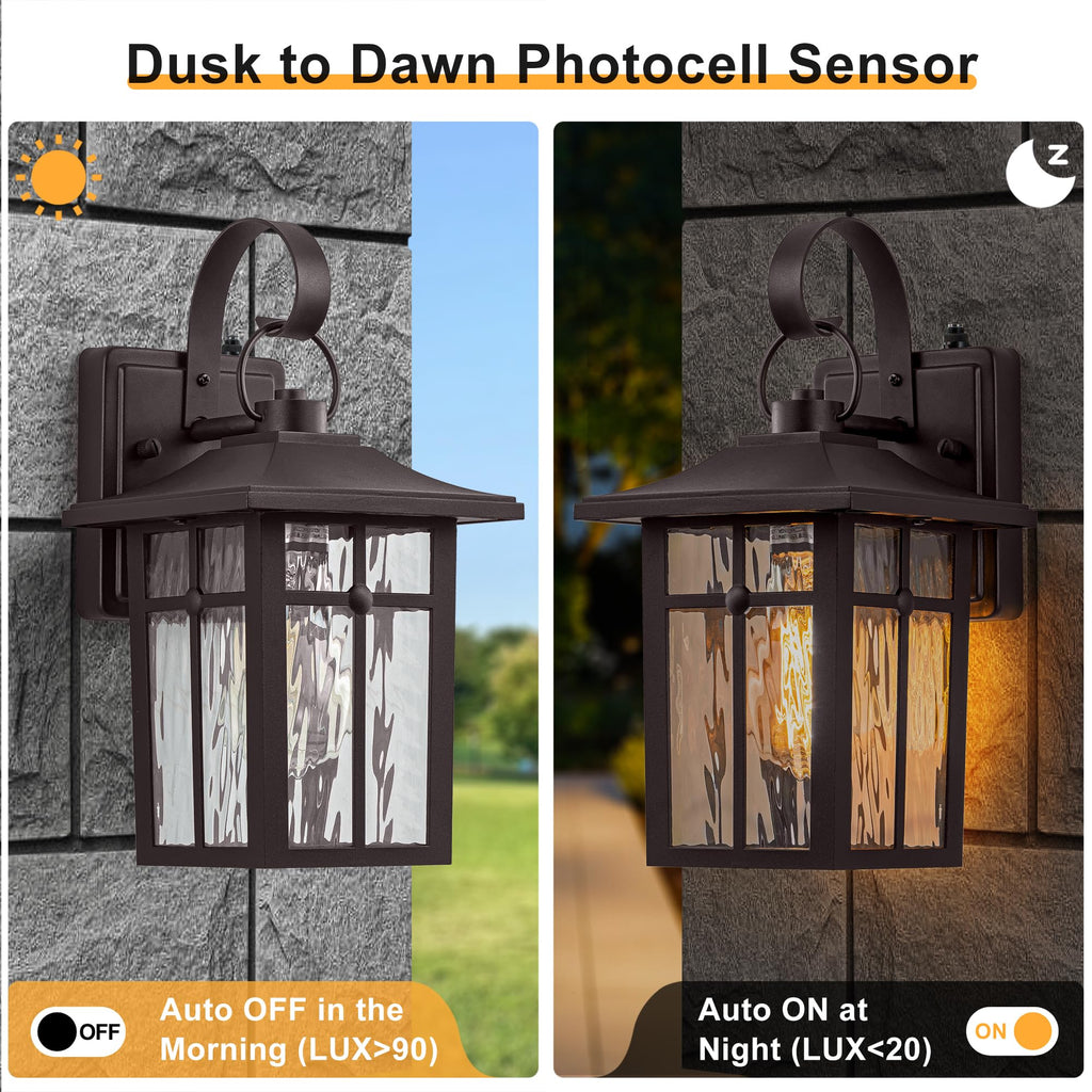 Lawyettle 2 Pack Dusk to Dawn Outdoor Lighting | Ripple Glass & Oil Rubbed Bronze