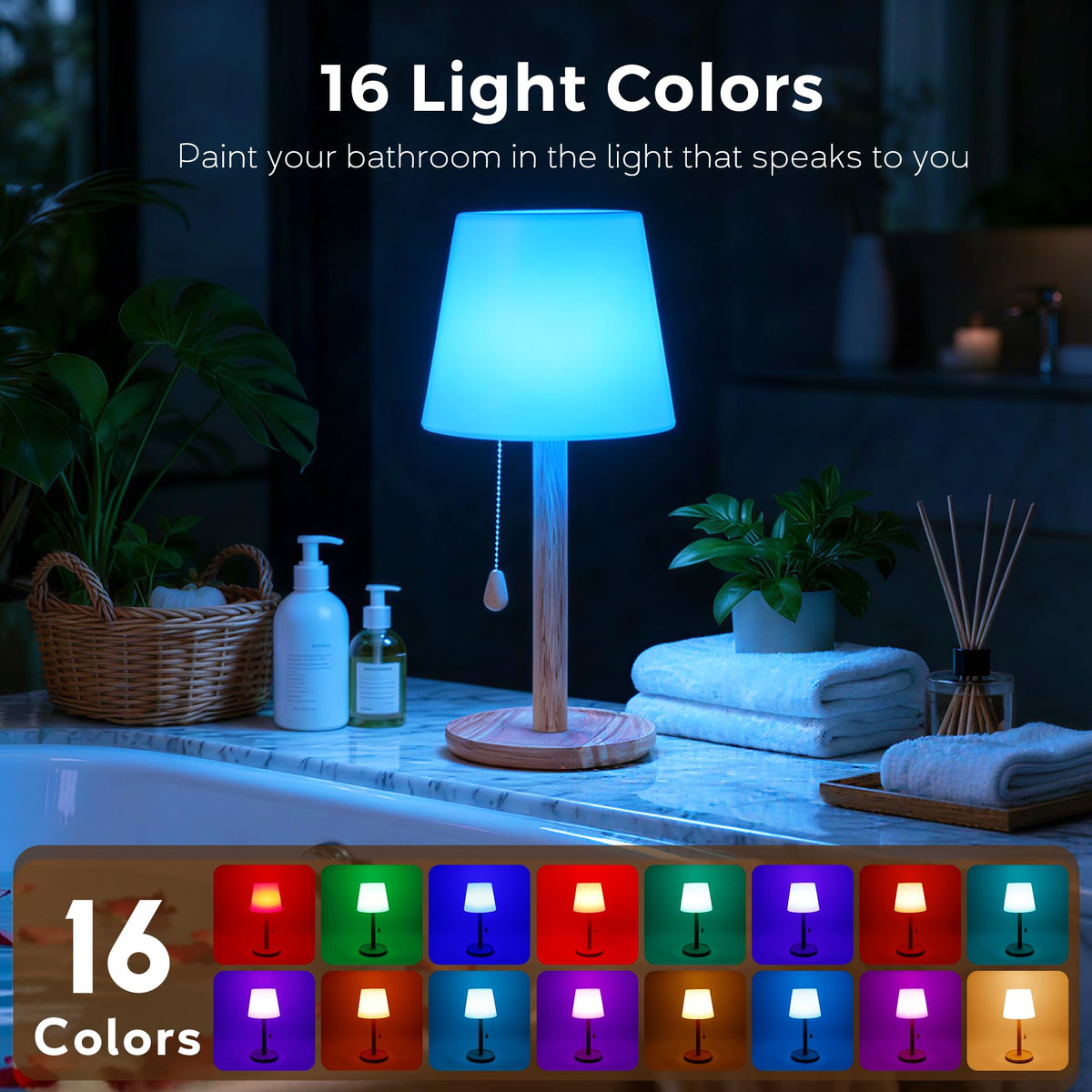 Lazukes Cordless Shower Lamp – IP65 Waterproof, 16-Color RGB, Rechargeable with Remote