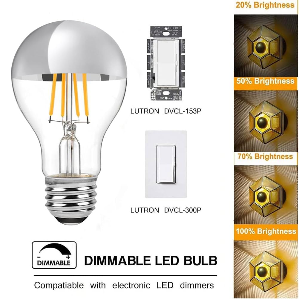 LDCHIUEN Half Chrome LED Bulb 4W – Dimmable 2700K, E26 A19, Silver Mirror (Pack of 2)