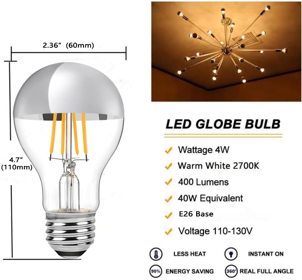 LDCHIUEN Half Chrome LED Bulb 4W – Dimmable 2700K, E26 A19, Silver Mirror (Pack of 2)