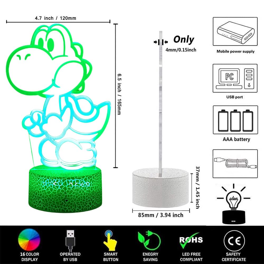 LEDERGO Yoshi Night Light – 16 Colors RGB 3D Illusion, Touch & Remote, Kids Room Decor