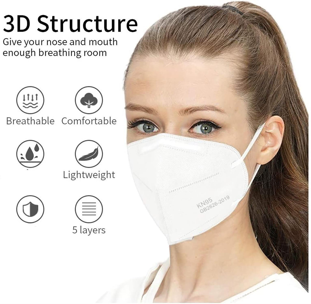 LEMENT KN95 Face Masks 50-Pack | 5-Layer Breathable Cup Design, White